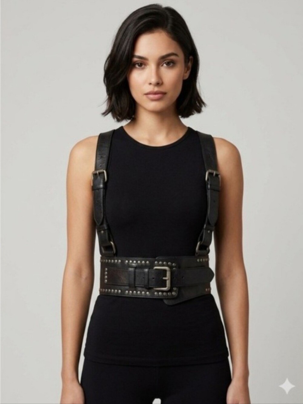 Free People Black Leather Studded Waist Harness Belt